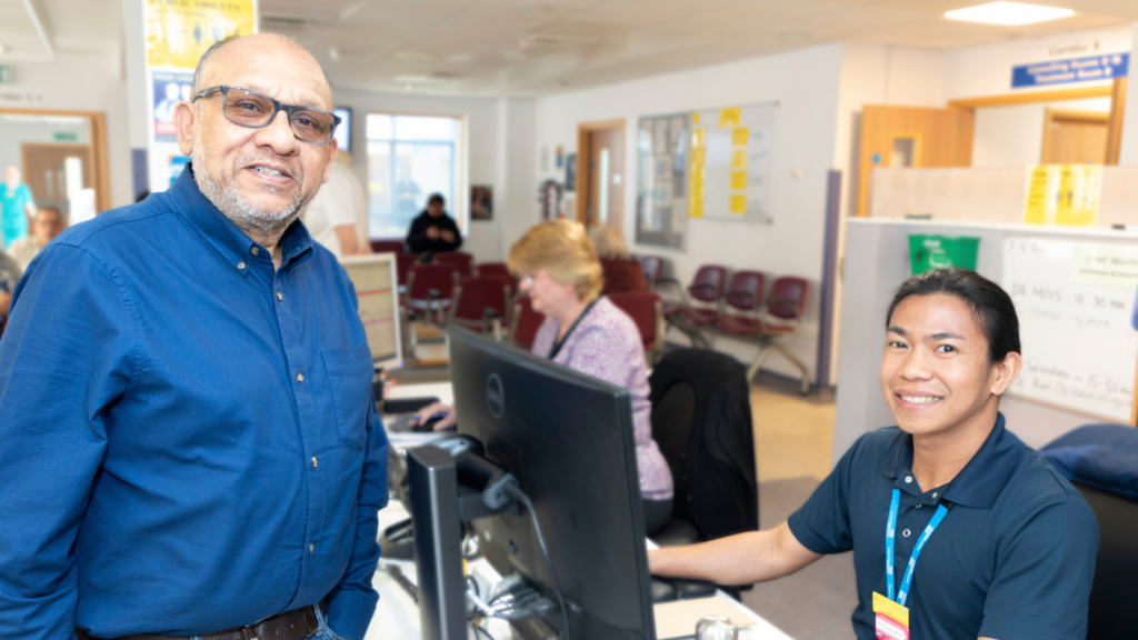 patient and staff at reception